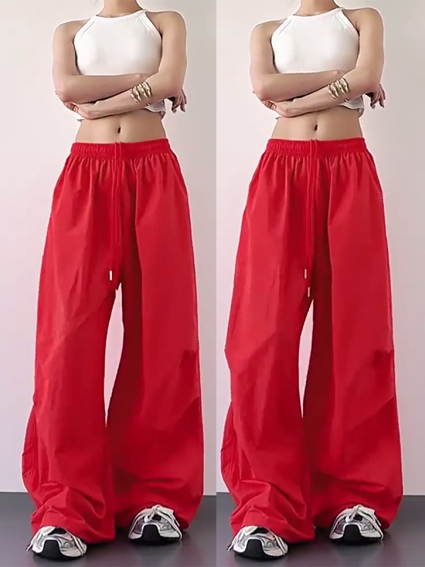 2025 Women's Red Cargo Pants - American Style Loose Parachute Pants, Slimming Drape, Hip-Hop Casual Sportswear