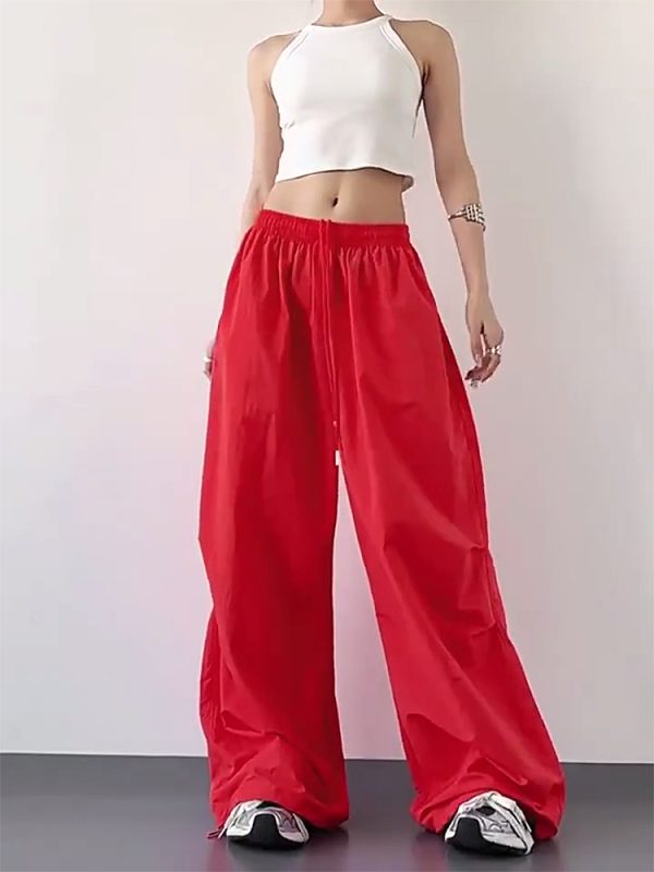 2025 Women's Red Cargo Pants - American Style Loose Parachute Pants, Slimming Drape, Hip-Hop Casual Sportswear