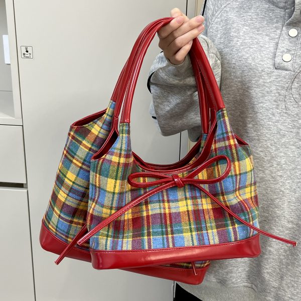 2025 Women's Woolen Plaid Shoulder Bag - Trendy Red Retro Bow Tote for Niche Fashion Lovers