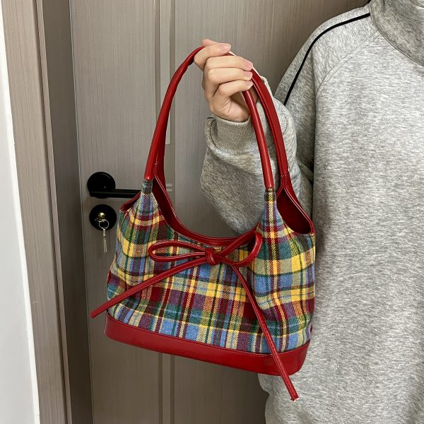 2025 Women's Woolen Plaid Shoulder Bag - Trendy Red Retro Bow Tote for Niche Fashion Lovers