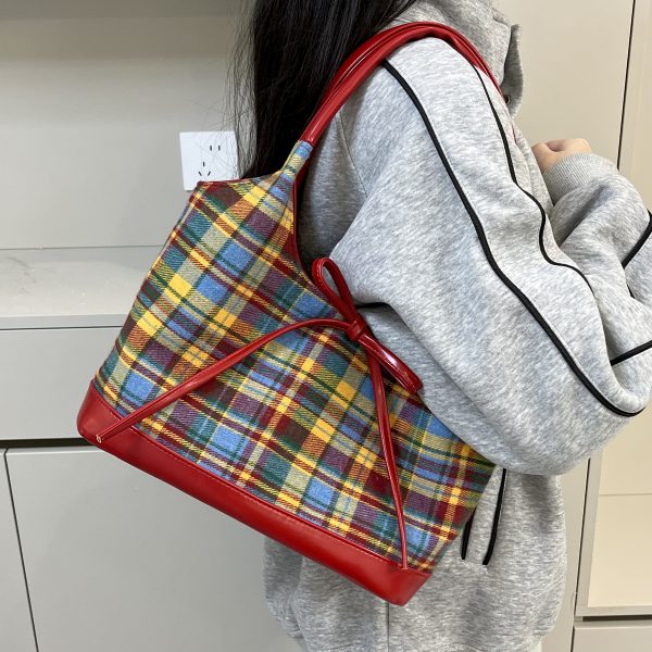 2025 Women's Woolen Plaid Shoulder Bag - Trendy Red Retro Bow Tote for Niche Fashion Lovers