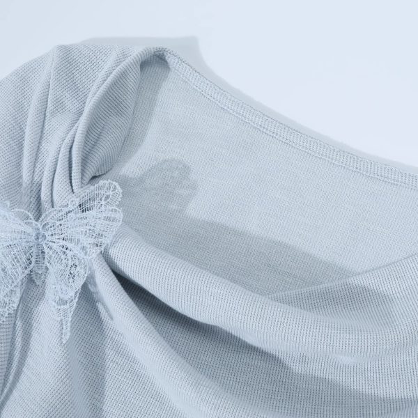 3D Butterfly Blue Off-Shoulder Top - Unique Waist-Cinched Blouse, Stylish Women's T-Shirt for Y2K and Casual Looks