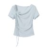 3D Butterfly Blue Off-Shoulder Top - Unique Waist-Cinched Blouse, Stylish Women's T-Shirt for Y2K and Casual Looks