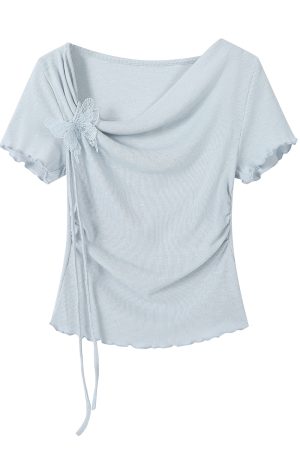 3D Butterfly Blue Off-Shoulder Top - Unique Waist-Cinched Blouse, Stylish Women's T-Shirt for Y2K and Casual Looks