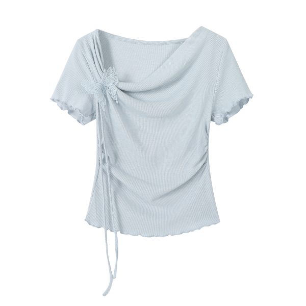 3D Butterfly Blue Off-Shoulder Top - Unique Waist-Cinched Blouse, Stylish Women's T-Shirt for Y2K and Casual Looks