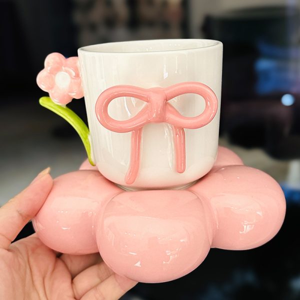 3D Flower Bow Tie Ceramic Coffee Cup and Saucer Set for Girls - Aesthetic Afternoon Tea Mug for Milk and Fufu