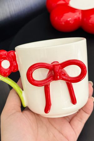 3D Flower Bow Tie Ceramic Coffee Cup and Saucer Set for Girls - Aesthetic Afternoon Tea Mug for Milk and Fufu