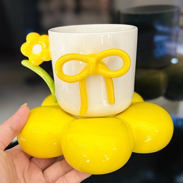 3D Flower Bow Tie Ceramic Coffee Cup and Saucer Set for Girls - Aesthetic Afternoon Tea Mug for Milk and Fufu