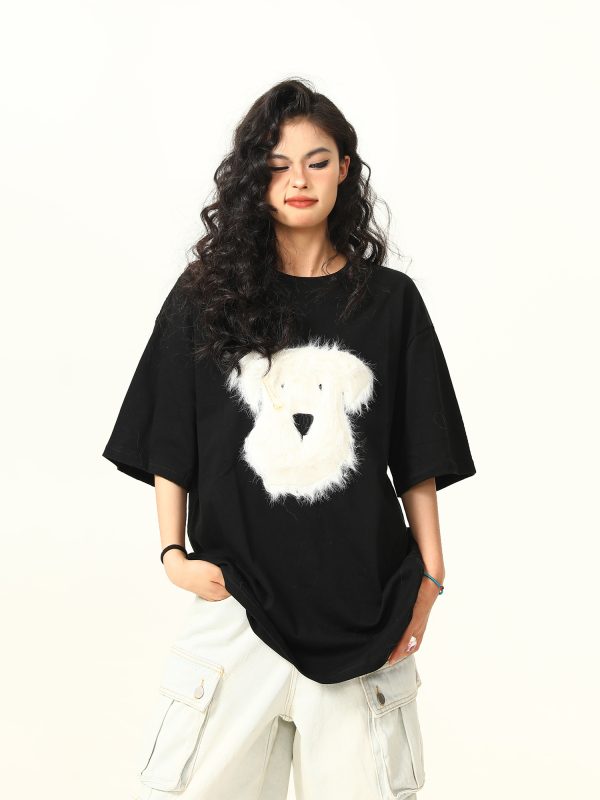 3D Plush Dog Design Short Sleeve T-Shirt for Women, Summer Loose Retro Tee, Casual Cute Graphic Top, Y2K Style