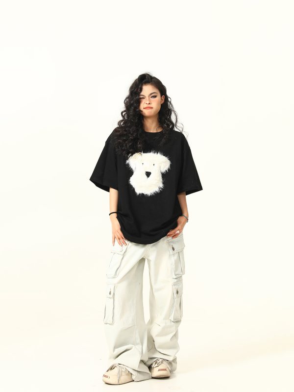 3D Plush Dog Design Short Sleeve T-Shirt for Women, Summer Loose Retro Tee, Casual Cute Graphic Top, Y2K Style