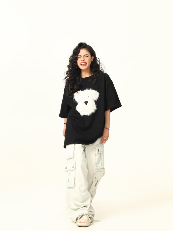 3D Plush Dog Design Short Sleeve T-Shirt for Women, Summer Loose Retro Tee, Casual Cute Graphic Top, Y2K Style
