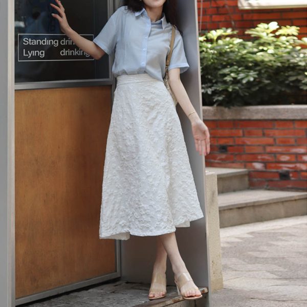 3D Relief Floral Umbrella Skirt with Pockets, High-Waisted A-Line, Vintage Black and White, Women's Spring Summer Fashion