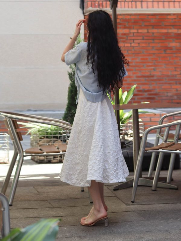 3D Relief Floral Umbrella Skirt with Pockets, High-Waisted A-Line, Vintage Black and White, Women's Spring Summer Fashion