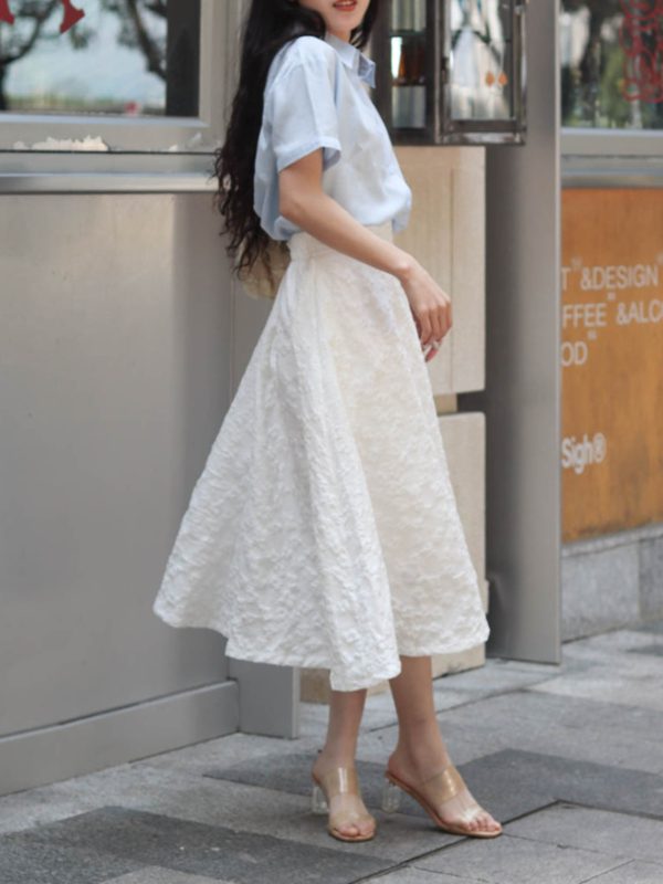 3D Relief Floral Umbrella Skirt with Pockets, High-Waisted A-Line, Vintage Black and White, Women's Spring Summer Fashion