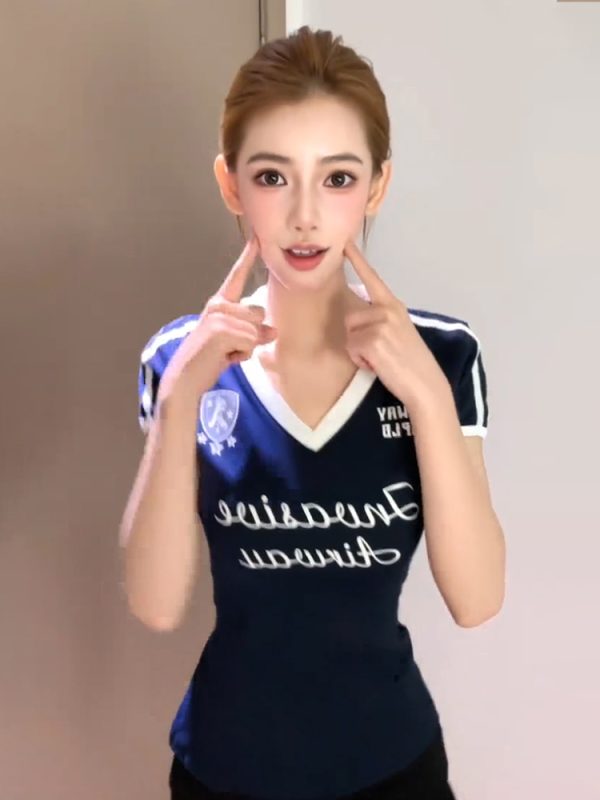 90s American Retro V-Neck Short Sleeve Women's Summer Color-Blocking Football T-Shirt Slim Fit Sports Top