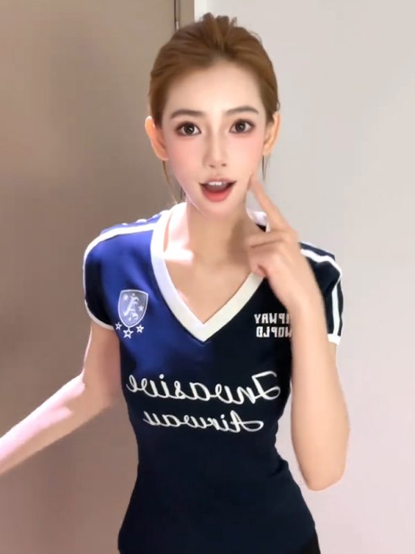 90s American Retro V-Neck Short Sleeve Women's Summer Color-Blocking Football T-Shirt Slim Fit Sports Top