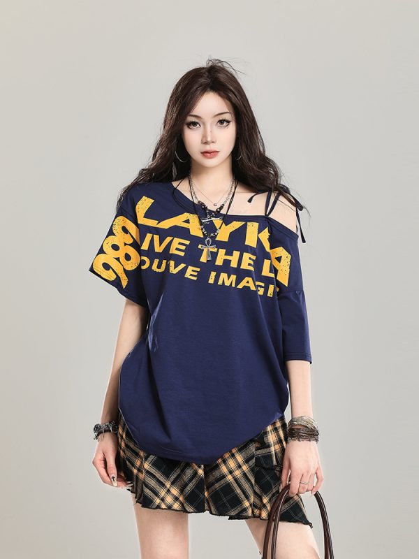 90s Retro Off-Shoulder Short Sleeve T-Shirt for Women - Summer 2025 Loose Fit Unique Casual Top