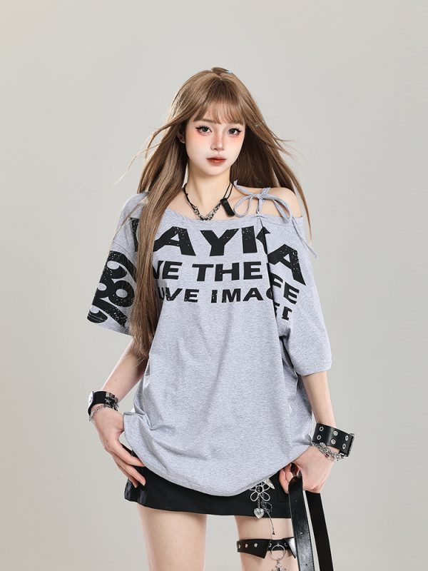 90s Retro Off-Shoulder Short Sleeve T-Shirt for Women - Summer 2025 Loose Fit Unique Casual Top
