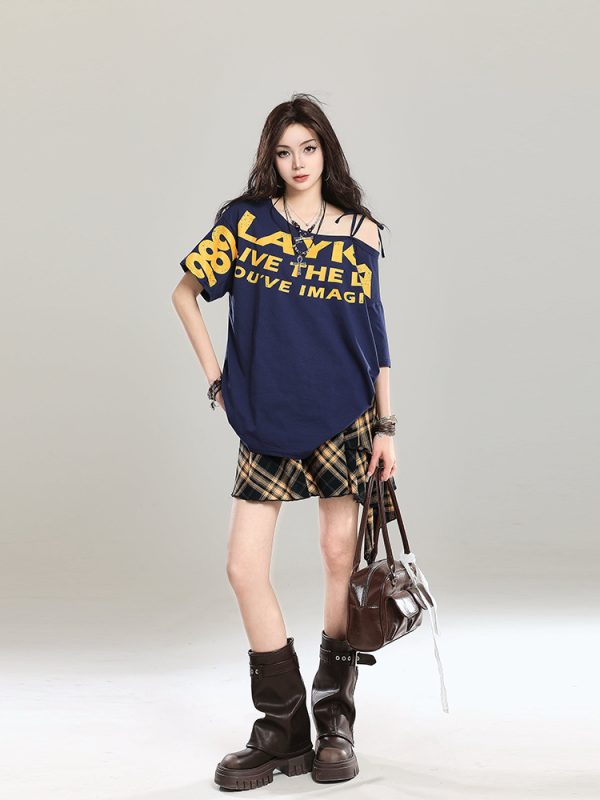90s Retro Off-Shoulder Short Sleeve T-Shirt for Women - Summer 2025 Loose Fit Unique Casual Top