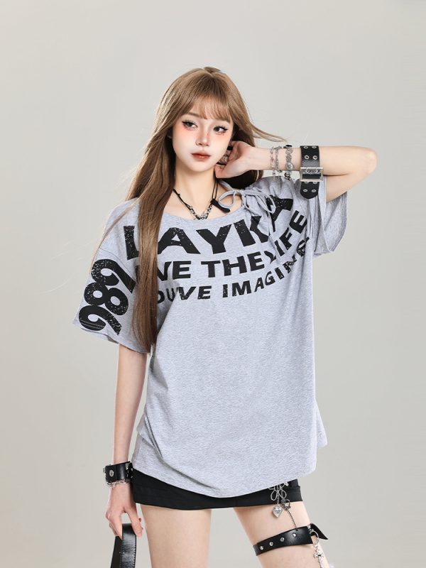 90s Retro Off-Shoulder Short Sleeve T-Shirt for Women - Summer 2025 Loose Fit Unique Casual Top
