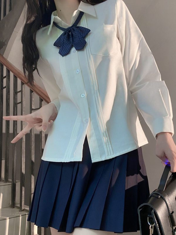 Accordion Pleated Long Sleeve & Short Sleeve JK Shirt Set - Basic Student Uniform for Women, Spring Autumn College Style