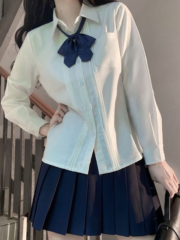 Accordion Pleated Long Sleeve & Short Sleeve JK Shirt Set - Basic Student Uniform for Women, Spring Autumn College Style