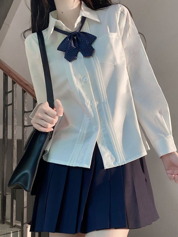 Accordion Pleated Long Sleeve & Short Sleeve JK Shirt Set - Basic Student Uniform for Women, Spring Autumn College Style