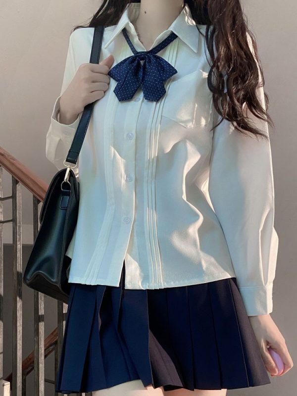 Accordion Pleated Long Sleeve & Short Sleeve JK Shirt Set - Basic Student Uniform for Women, Spring Autumn College Style