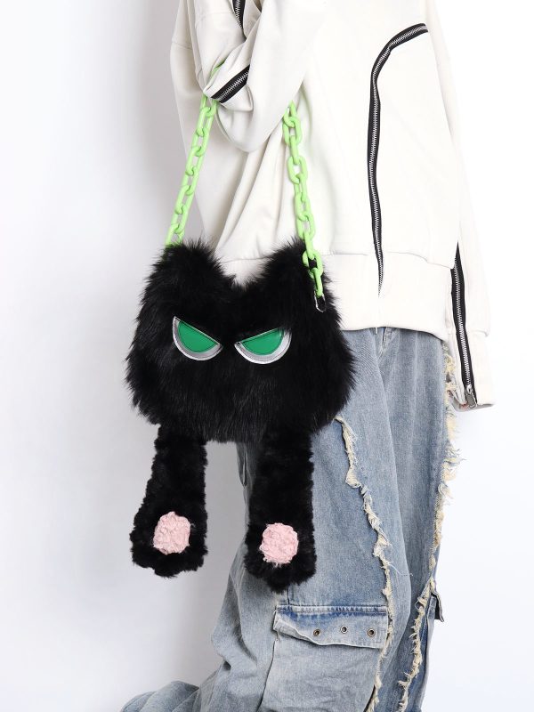 Adorable Plush Little Black Cat Crossbody Bag - Soft Autumn Collection, Cute Student Shoulder Bag for Niche Style Lovers