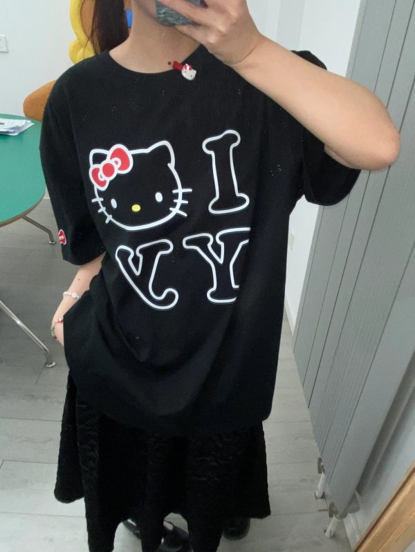 Age-Reducing Cute Kitty Print Heavyweight Cotton Short Sleeve T-Shirt - Irresistible Korean Niche Design