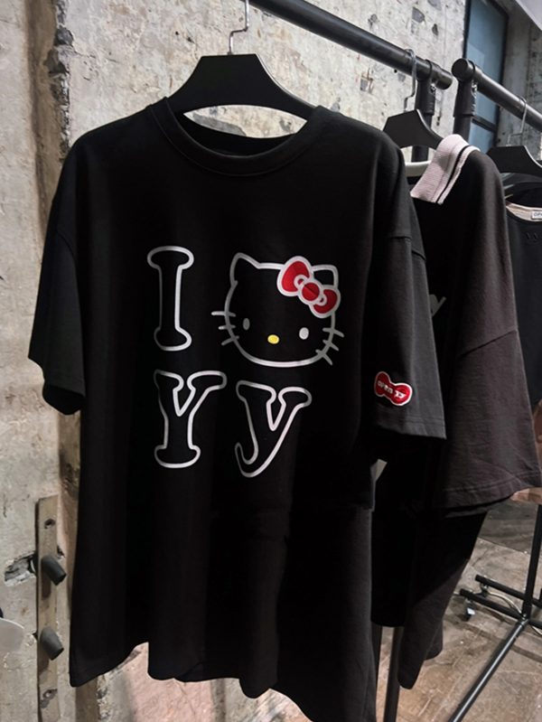 Age-Reducing Cute Kitty Print Heavyweight Cotton Short Sleeve T-Shirt - Irresistible Korean Niche Design