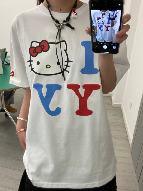 Age-Reducing Cute Kitty Print Heavyweight Cotton Short Sleeve T-Shirt - Irresistible Korean Niche Design