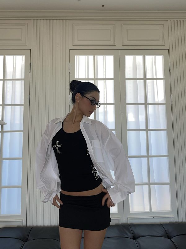 Airy White Shirt and Black Mini Low-Waist Skirt Set - Stylish Girl Outfit, Y2K Fashion, Trendy Summer Look