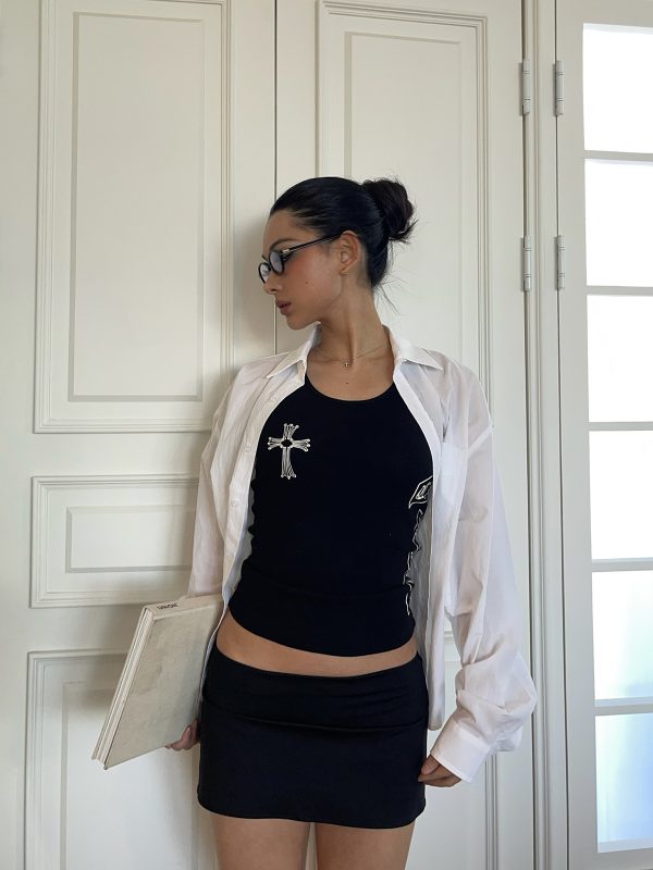 Airy White Shirt and Black Mini Low-Waist Skirt Set - Stylish Girl Outfit, Y2K Fashion, Trendy Summer Look