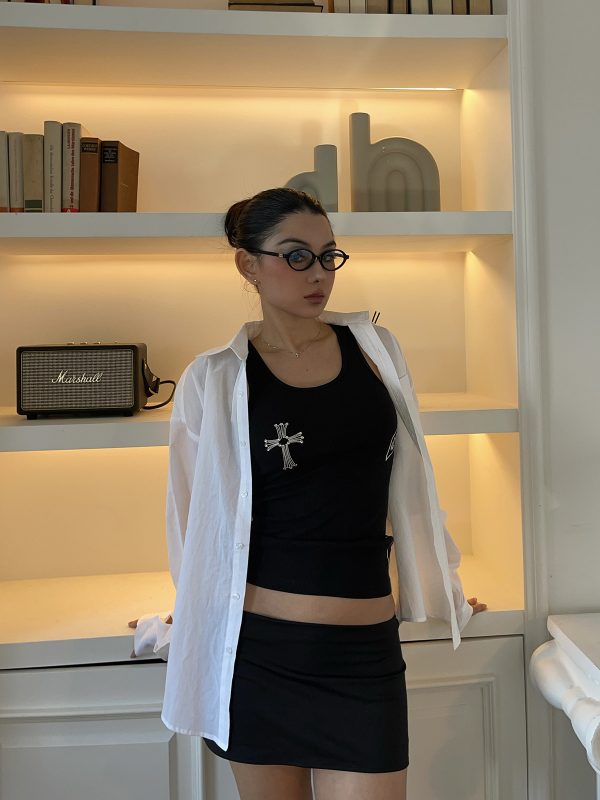Airy White Shirt and Black Mini Low-Waist Skirt Set - Stylish Girl Outfit, Y2K Fashion, Trendy Summer Look