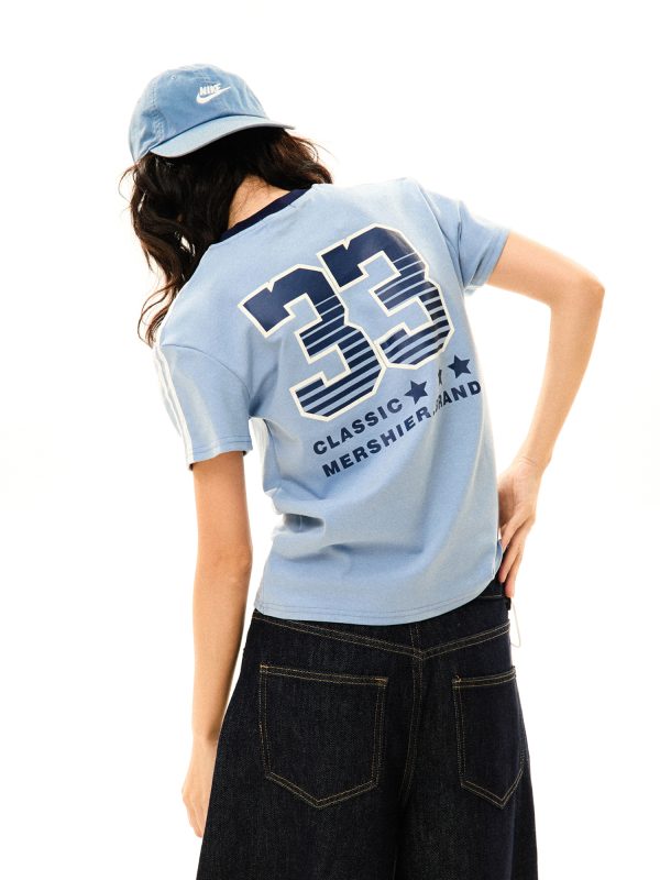 American College Style Printed Short-Sleeve T-Shirt for Women - Summer Slim-Fit Three-Stripe Sports Top