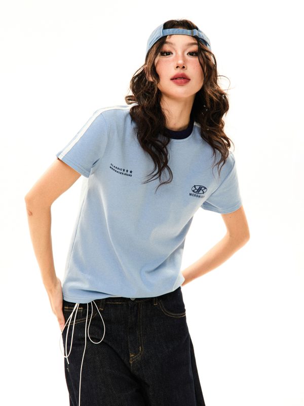 American College Style Printed Short-Sleeve T-Shirt for Women - Summer Slim-Fit Three-Stripe Sports Top