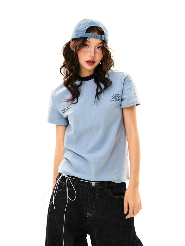 American College Style Printed Short-Sleeve T-Shirt for Women - Summer Slim-Fit Three-Stripe Sports Top