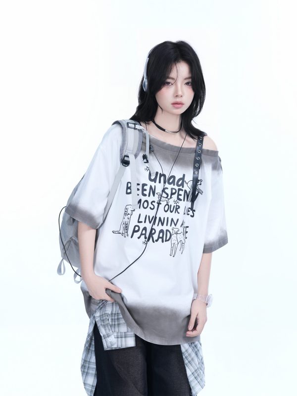 American Gradient Leather Buckle Off-Shoulder Oversized Short Sleeve T-Shirt for Women - Trendy Casual Spicy Girl Style