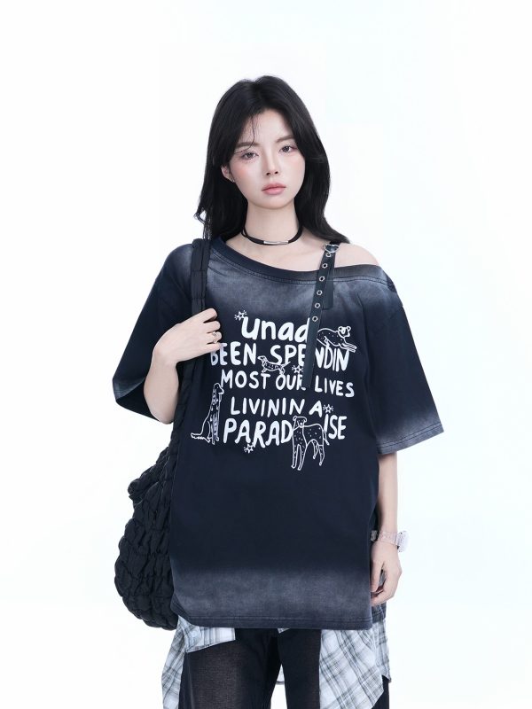 American Gradient Leather Buckle Off-Shoulder Oversized Short Sleeve T-Shirt for Women - Trendy Casual Spicy Girl Style