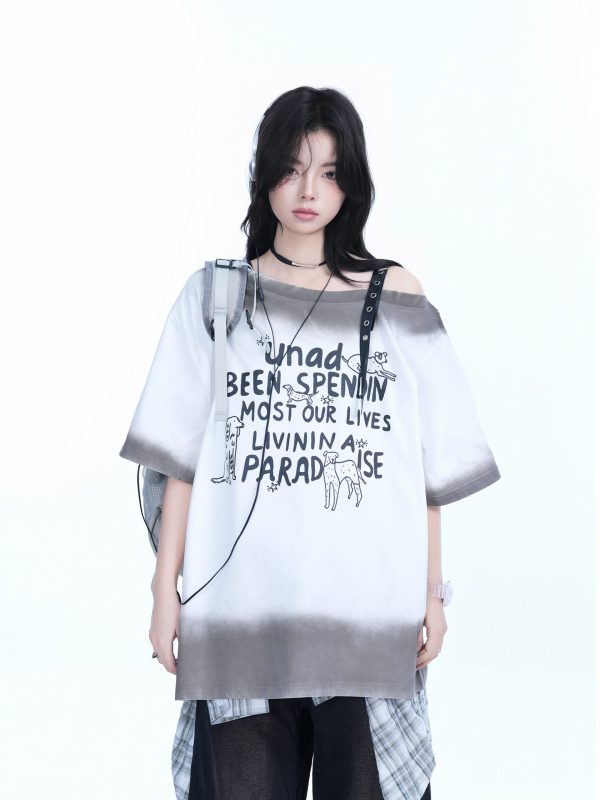American Gradient Leather Buckle Off-Shoulder Oversized Short Sleeve T-Shirt for Women - Trendy Casual Spicy Girl Style