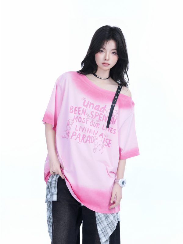 American Gradient Leather Buckle Off-Shoulder Oversized Short Sleeve T-Shirt for Women - Trendy Casual Spicy Girl Style