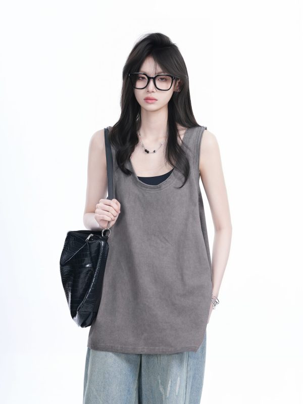 American Hip-Hop Distressed Rolled-Edge Tank Top for Women - Oversized Loose Sleeveless Tee, Trendy 90s Style