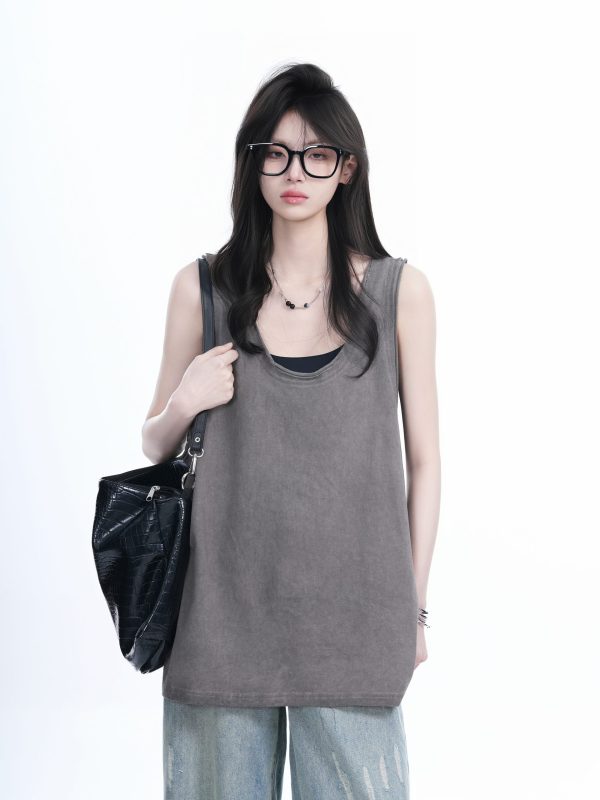 American Hip-Hop Distressed Rolled-Edge Tank Top for Women - Oversized Loose Sleeveless Tee, Trendy 90s Style