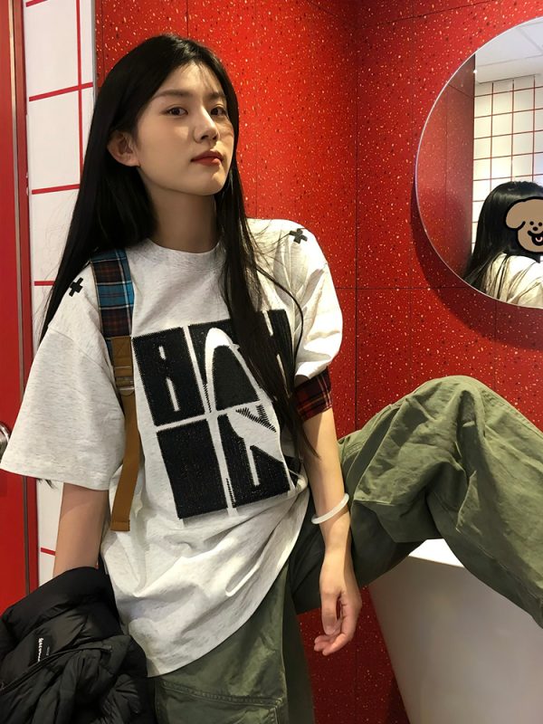 American Retro 2025 Summer Women's Short Sleeve Letter Embroidery Round Neck T-Shirt Casual Loose Fit Trendy Top