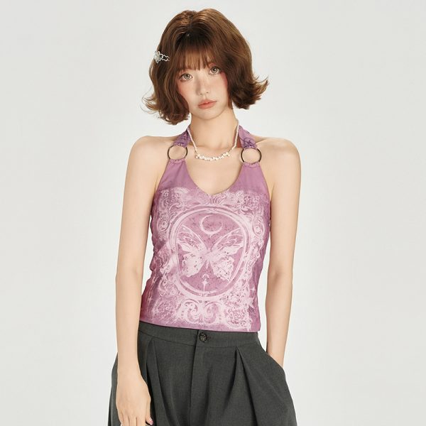 American Retro Backless Halter Tank Top for Women - Slimming, Waist-Cinching Summer Design