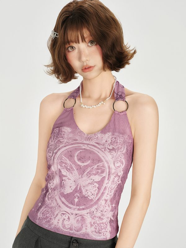 American Retro Backless Halter Tank Top for Women - Slimming, Waist-Cinching Summer Design
