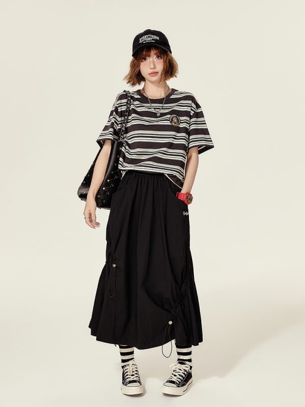 American Retro Black A-Line Half Skirt for Women, Summer Asymmetric Drawstring Design, Hip-Covering Umbrella Style