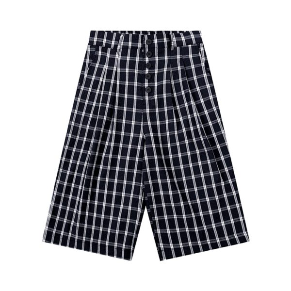 American Retro Blue and White Checkered Loose Wide-Leg Three-Quarter Pants for Women - Casual Y2K Style