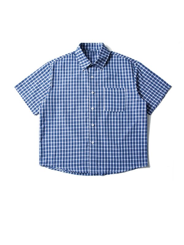 American Retro Blue Plaid Short Sleeve Shirt for Men and Women - Casual Loose Summer Fashion